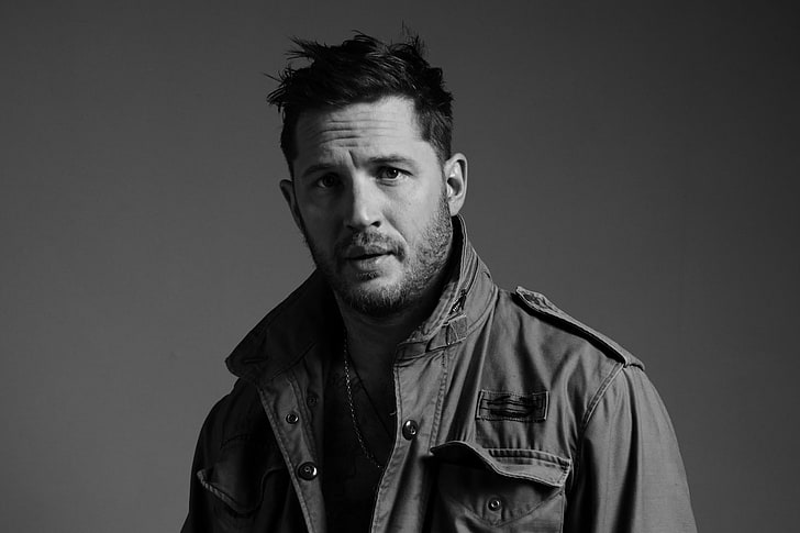 grayscale photo of man, background, portrait, jacket, actor, Tom Hardy, HD wallpaper