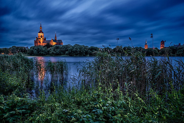 lake, the evening, Germany, reed, Church, St. Mary's Church