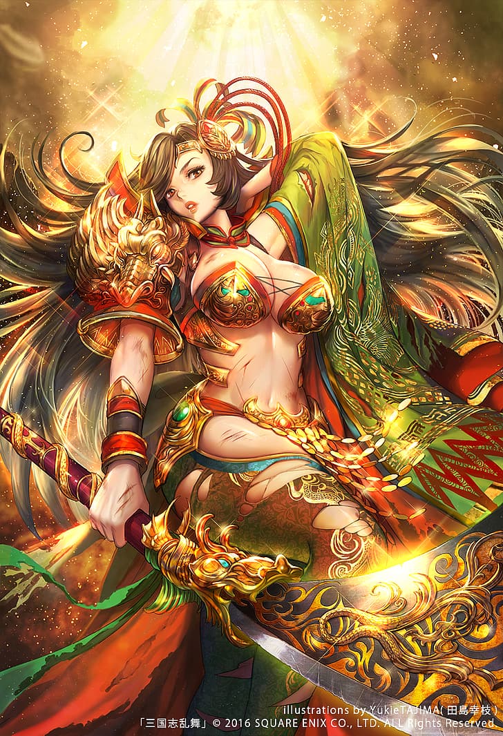 black hair, boobs, sword, gold, red, dragon, green, Dragon Altar, HD wallpaper