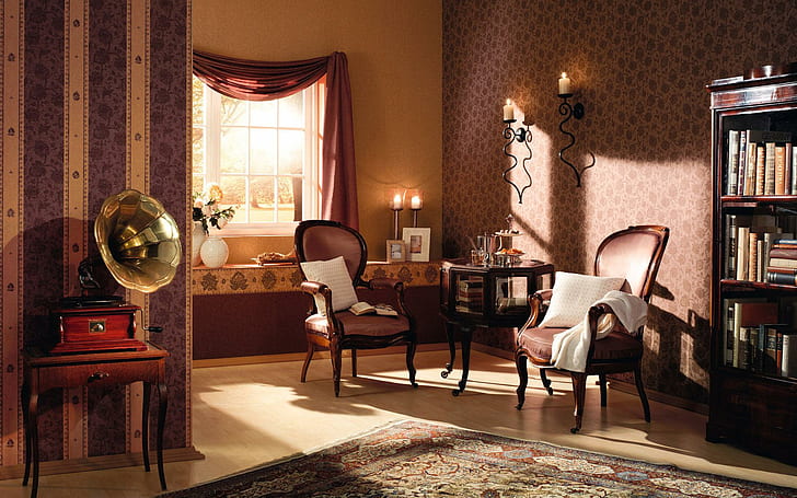 HD wallpaper: Vintage Elegance, room, lamps, books, carpet, elegant, rugs,  flowers | Wallpaper Flare