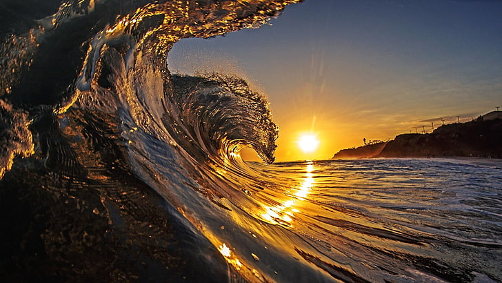 waves, sunset, waveforms, sky, water, beauty in nature, beach, HD wallpaper