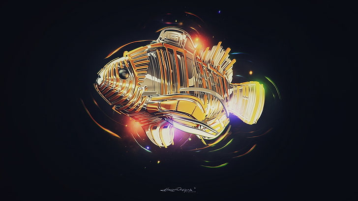 yellow fish digital wallpaper, digital art, simple background