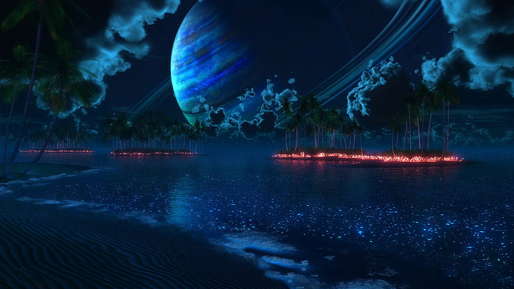 island, landscape, planet, Planetary Rings, tropical, night, HD wallpaper