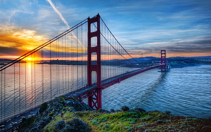 Golden Gate Bridge, San Francisco, California, USA, sunset, HD wallpaper