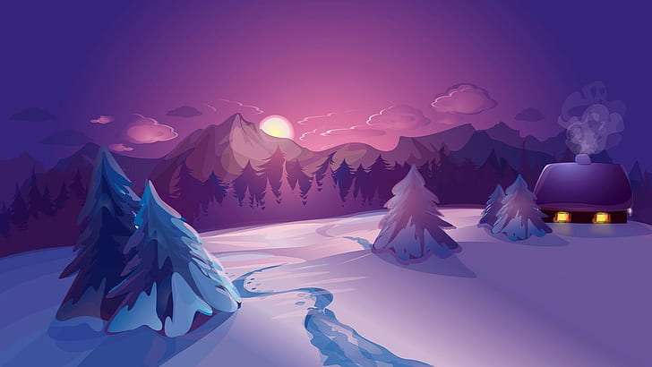 nature, digital art, mountains, clouds, winter, house, snow, sunset
