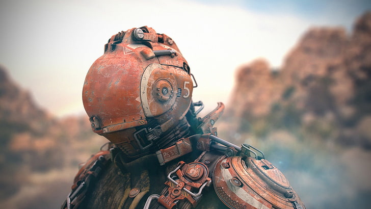 orange full plate armor, futuristic, digital art, focus on foreground