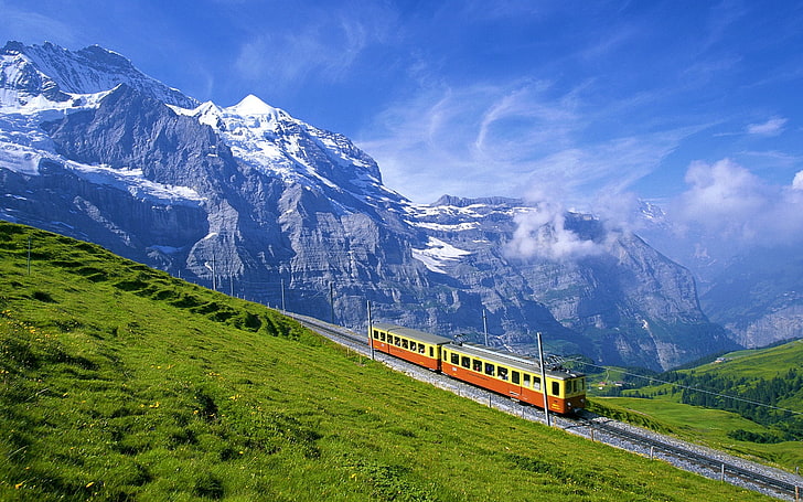 yellow and orange train, tram, railway, alps, mountains, height