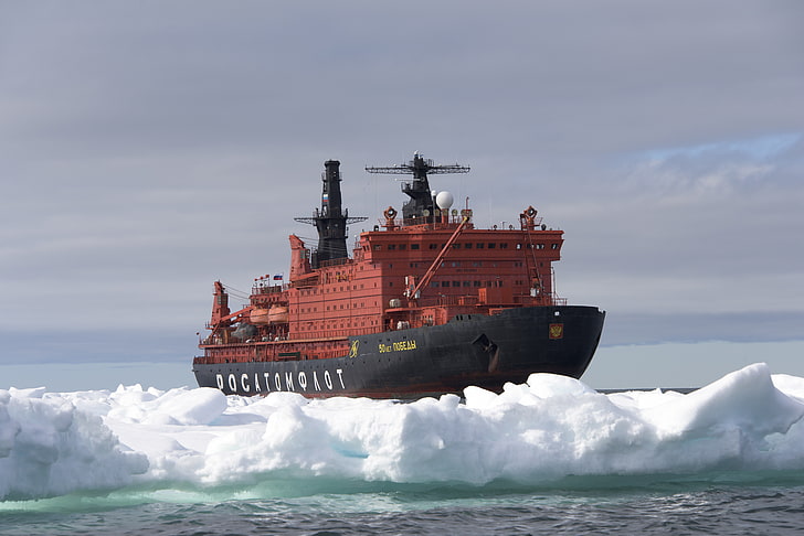 maroon and black ship, the sky, snow, landscape, Icebreaker, HD wallpaper