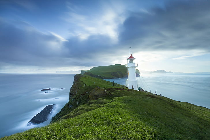 white lighthouse on green field hills, mykines, mykines, faroe islands, HD wallpaper