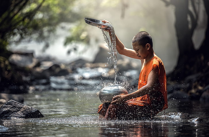 monks, Thailand, water, splashing, nature, people, motion, adult