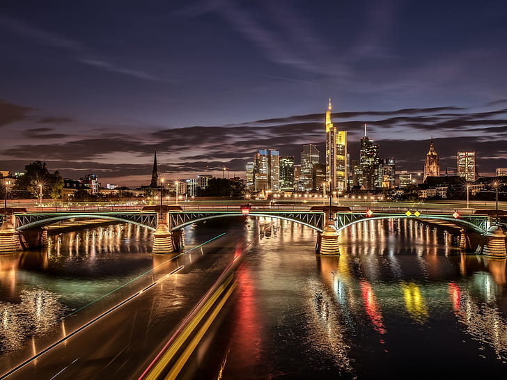 Frankfurt, Germany, river, illumination, bridge, skyscrapers, night