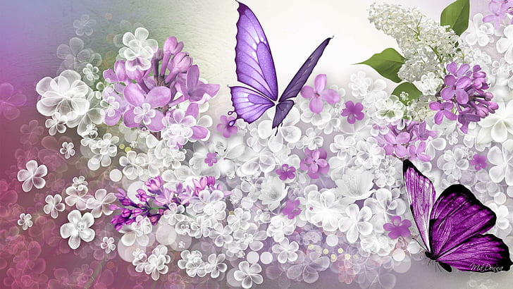 Lilac Predicition, purple butterflies on white-and-purple flowers wallpaper
