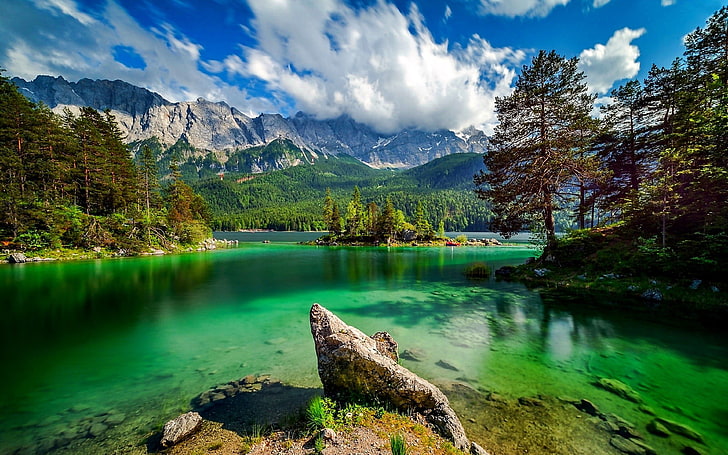 Eibsee lake in Bavaria Ggermany Lake with turquoise green water rock island rocky mountains pine forest sky with white clouds summer hd wallpaper 3840×2400