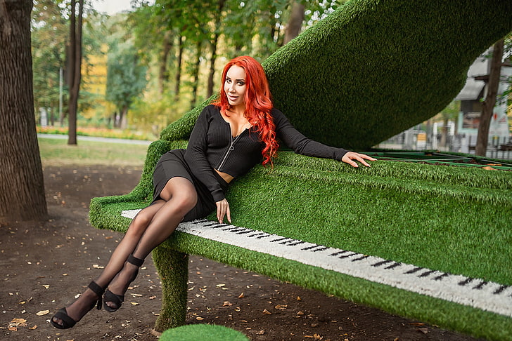 women, redhead, trees, sitting, high heels, skirt, Eva Rudneva
