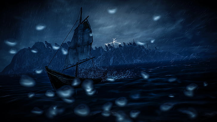 storm, darkness, rough sea, sky, night, sailing ship, ghost ship, HD wallpaper