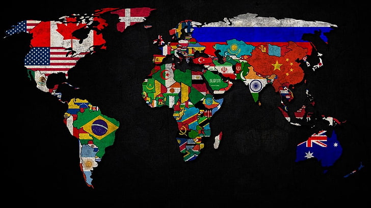 world map with flags artwork, countries, multi colored, creativity