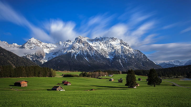 landscape, mountains, snowy peak, field, HD wallpaper