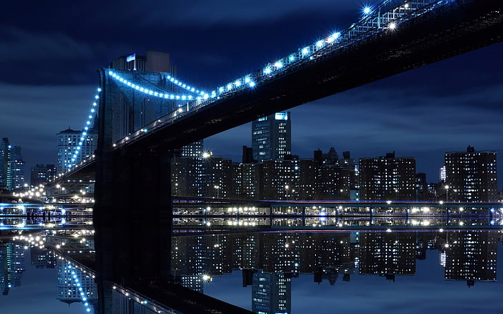 suspension bridge, water, lights, reflection, houses, night, new York City