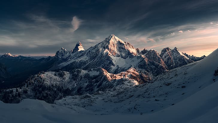 winter, the sky, snow, mountains, nature, rocks, dawn, USA, HD wallpaper