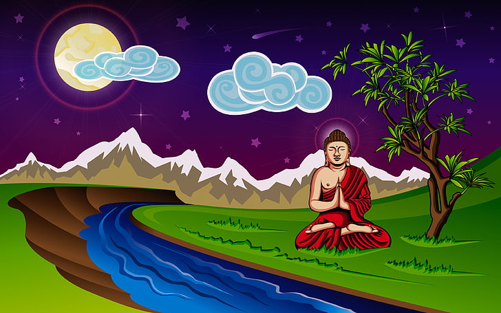 Art Of Buddha, Buddha beside tree under blue sky illustration