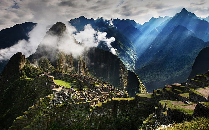 Travel to Peru, Machu Picchu, mountains, fog, morning, sun rays, HD wallpaper