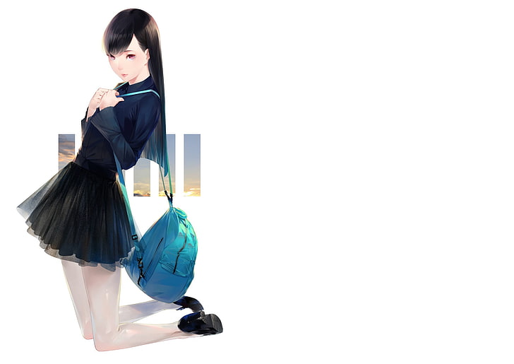 anime girls, skirt, backpacks, Sawasawa, HD wallpaper