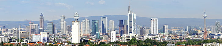 city, triple screen, wide angle, Frankfurt, cityscape, building exterior, HD wallpaper