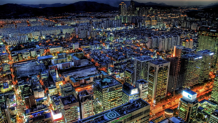 concrete city buildings, cityscape, HDR, lights, Seoul, South Korea