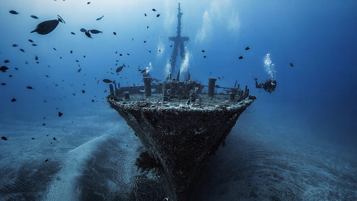 black shipwreck, sea, water, underwater, fish, divers, bubbles