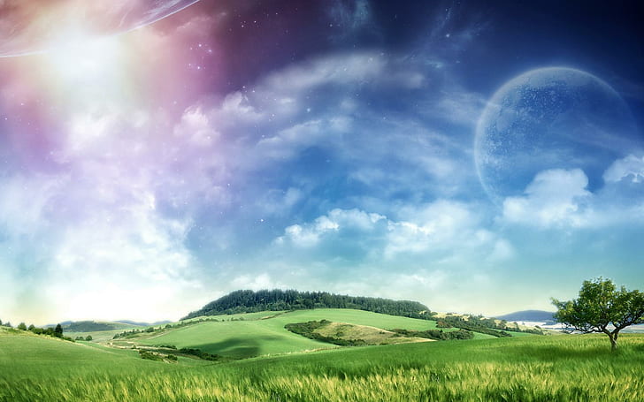 Fantasy Lscupe, green grass fields, landscupe, moon, other, 3d and abstract