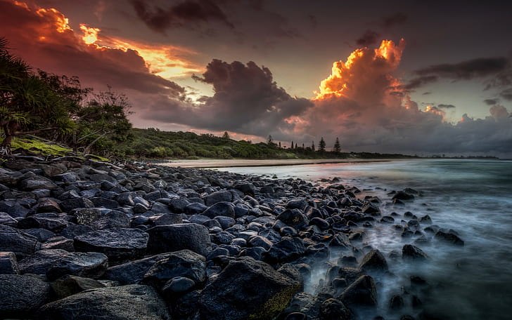 Landscape, Beach, Australia, Sunset, Clouds, Sea, Rock, Trees, Sky, Coast, Nature, group of black rock