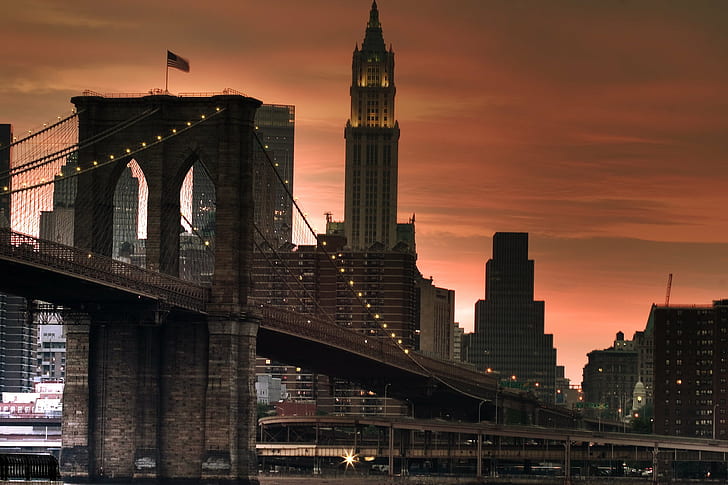 Brooklyn Bridge in New York, brooklyn bridge, Sunset, HDR, SML
