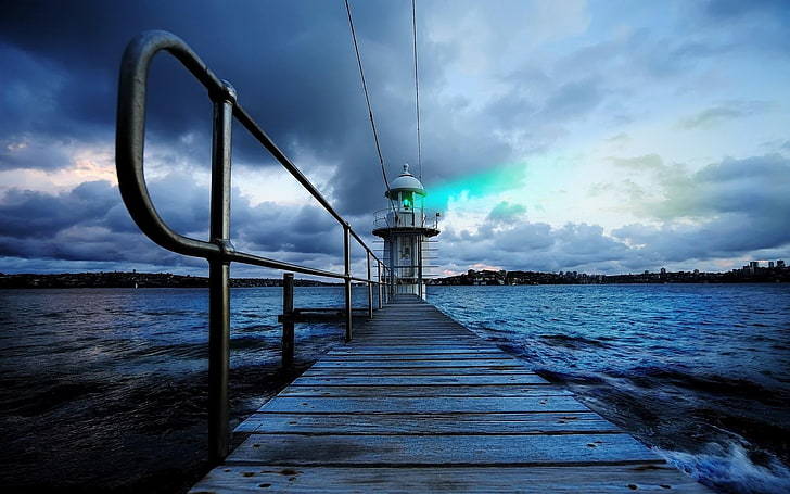 white lighthouse, sea, Australia, Sydney, pier, clouds, overcast