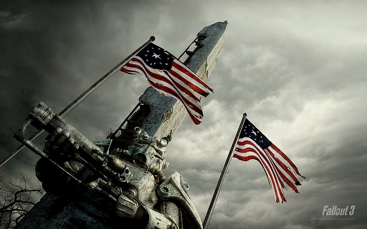 USA flag pole, Fallout, Fallout 3, patriotism, sky, history, cloud - sky, HD wallpaper
