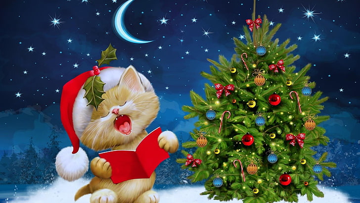 night, stars, moon, santa claus, cute, christmas day, xmas, HD wallpaper