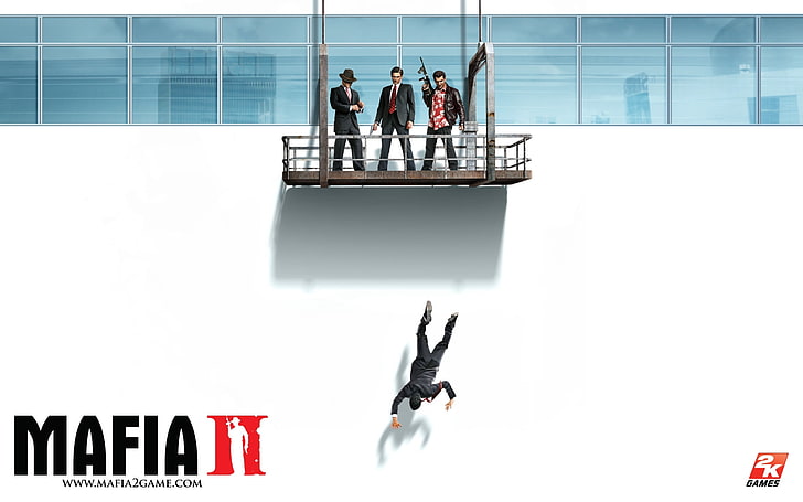 Mafia II game poster, mafia 2, window, gun, jump, people, business, HD wallpaper