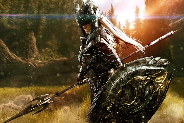 knight holding spear digital wallpaper, The Elder Scrolls V: Skyrim