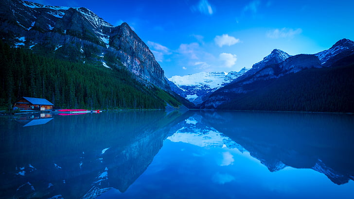 mountain, reflection, mountain lake, glacial lake, log cabin, HD wallpaper