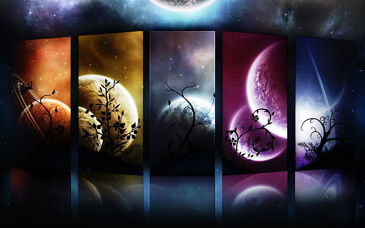 several moon paintings, abstract, world, digital art, space, plants