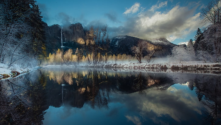 untitled, landscape, nature, winter, river, reflection, waterfall, HD wallpaper