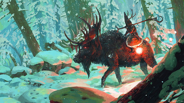 person riding moose digital wallpaper, artwork, fantasy art, deer, HD wallpaper