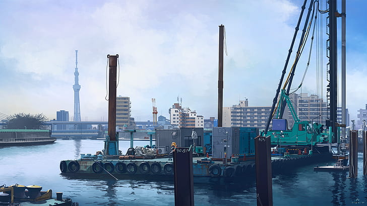 btf view, anime, urban, water, cityscape, HD wallpaper
