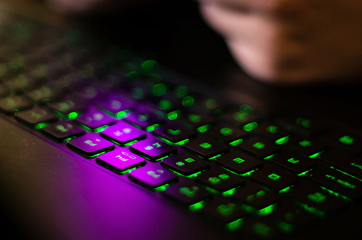 photo showing keyboard keycaps with green backlits, magenta, SMC, HD wallpaper