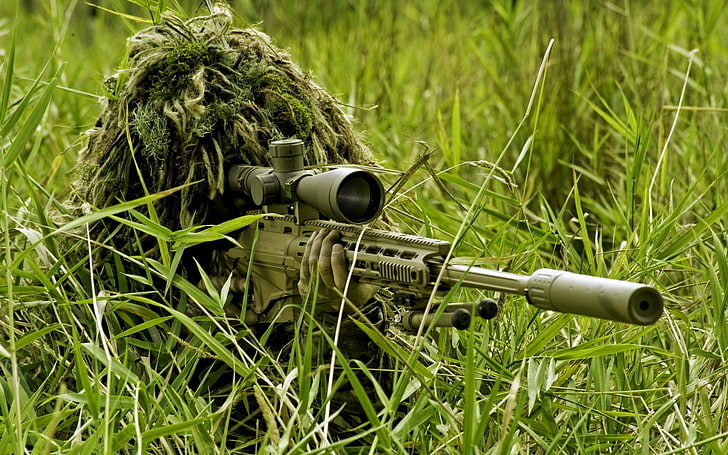 brown rifle with scope, sniper rifle, men, ghillie suit, soldier