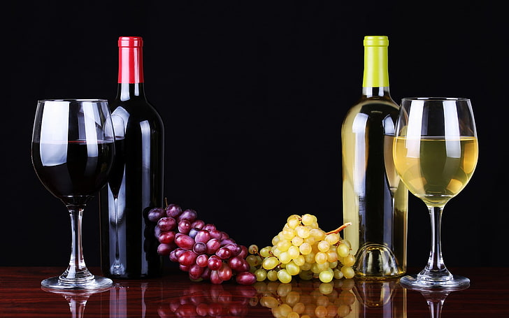 two clear wine glasses, drink, grapes, fruit, alcohol, food and drink, HD wallpaper