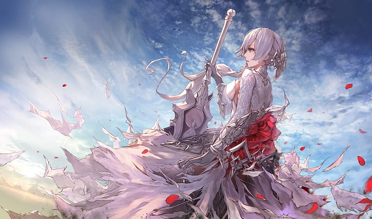 sinoalice, snow white, sword, gloves, gray hair, clouds, profile view