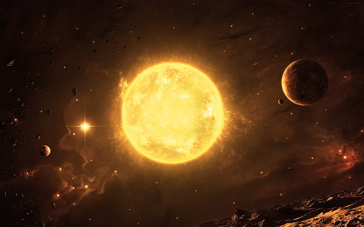 universe, Sun, space, space art, asteroid, planet, astronomy, HD wallpaper