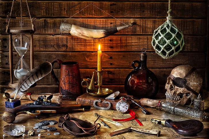 letter, style, weapons, pen, watch, skull, bottle, map, candle