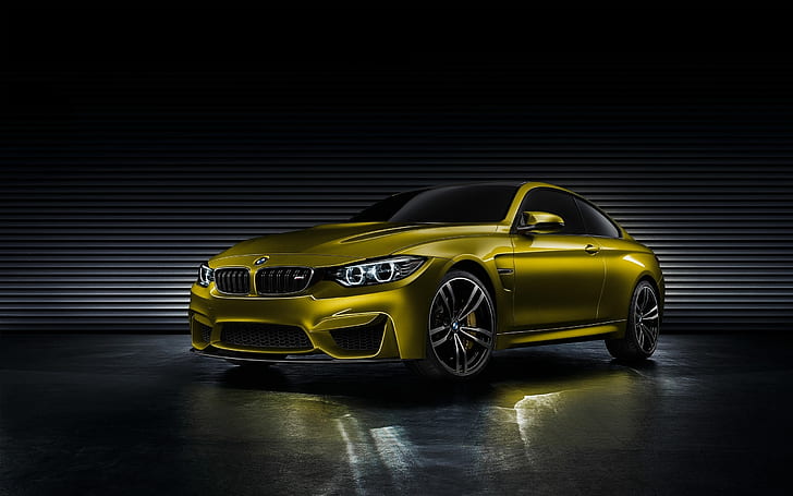BMW M4 Concept, yellow bmw coupe, coupe cars, sport cars