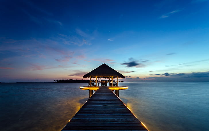 Kihaadhuffaru Island, Maldives, landscape, Sunset, bungalows